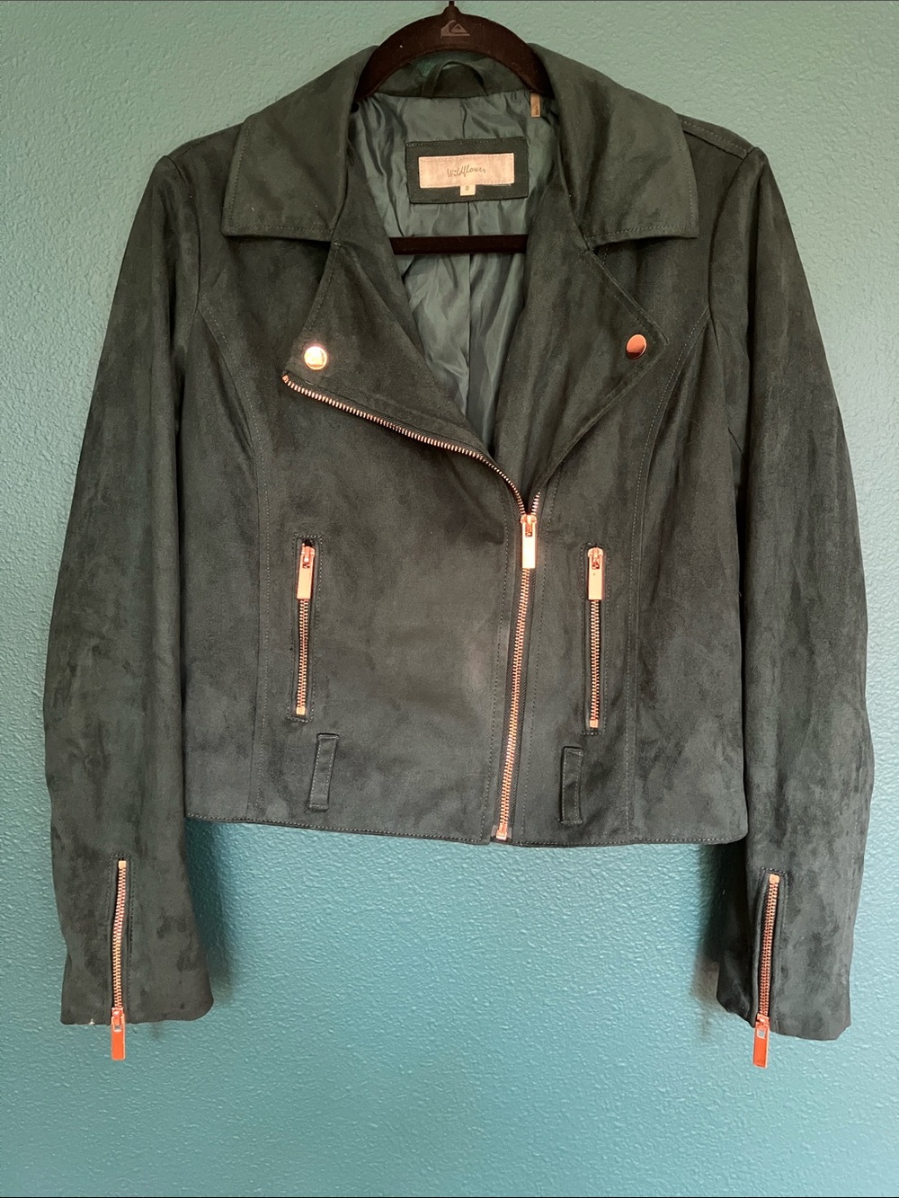 Wildflower Teal Faux Suede Moto Jacket | Rose Gold Hardware